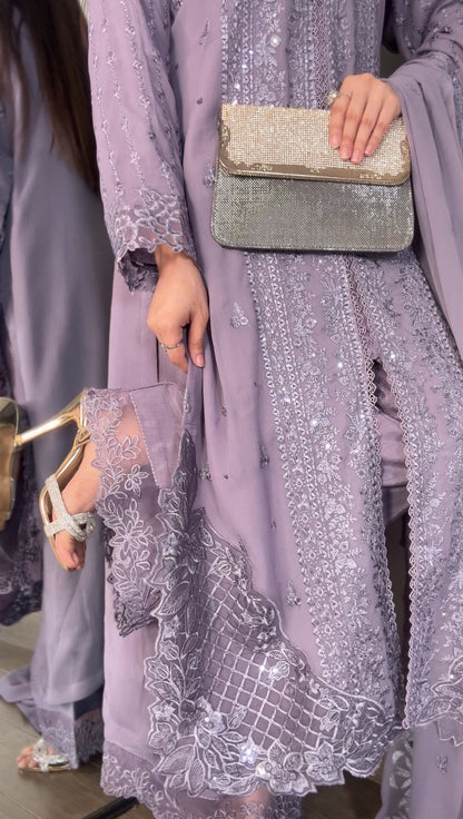 Lavender Luxe: 3-Piece Heavily Embroidered Chiffon Suit