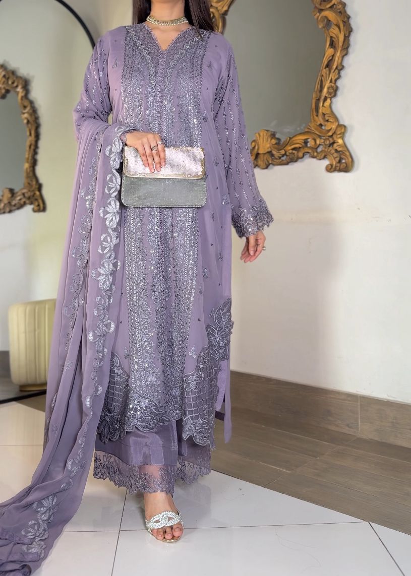Lavender Luxe: 3-Piece Heavily Embroidered Chiffon Suit