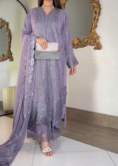 Lavender Luxe: 3-Piece Heavily Embroidered Chiffon Suit