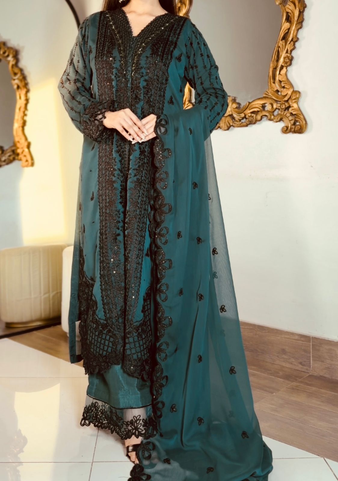 3-Piece Heavy Embroidered Chiffon Suit with Cutwork Dupatta