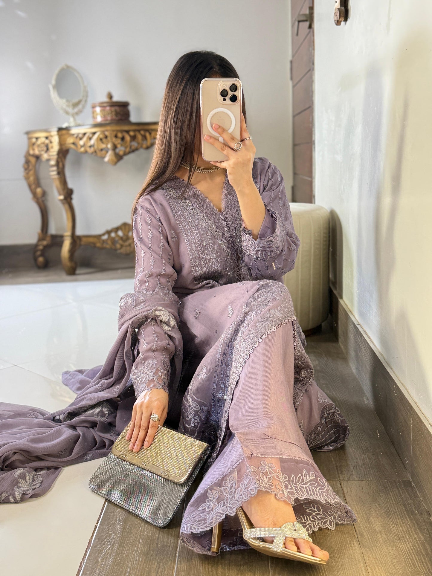 Lavender Luxe: 3-Piece Heavily Embroidered Chiffon Suit