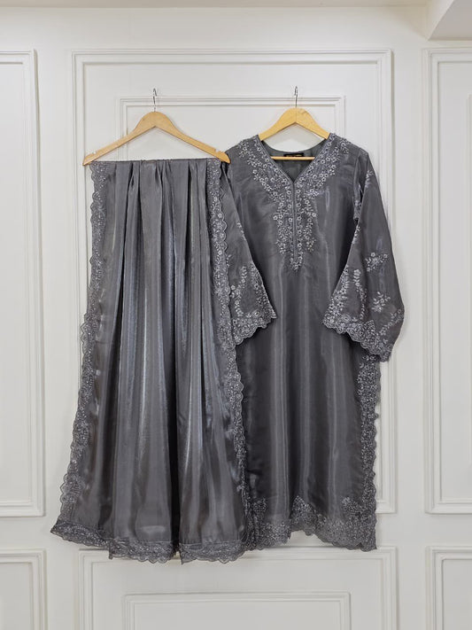 Slate Grey Sheesha Silk Grace - Luxury Pret Embroidered Suit