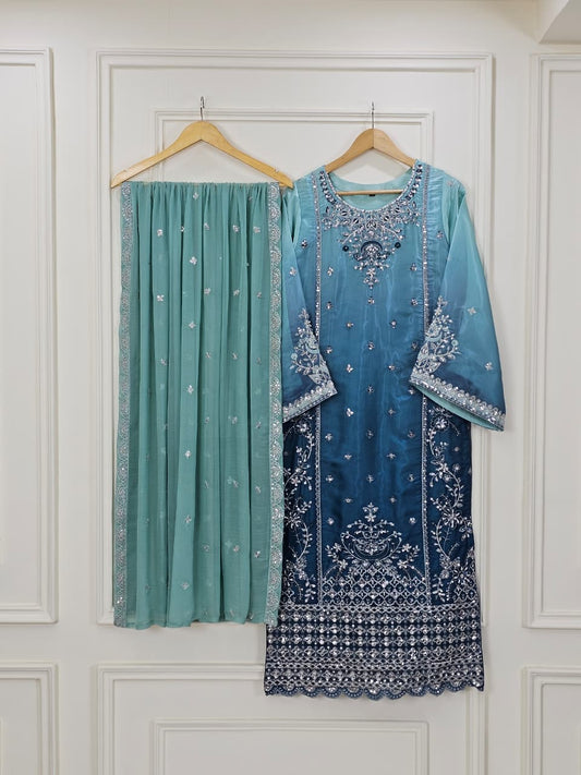 Teal Blue Double Tone Sheesha Silk Luxury Pret 3-Piece Suit