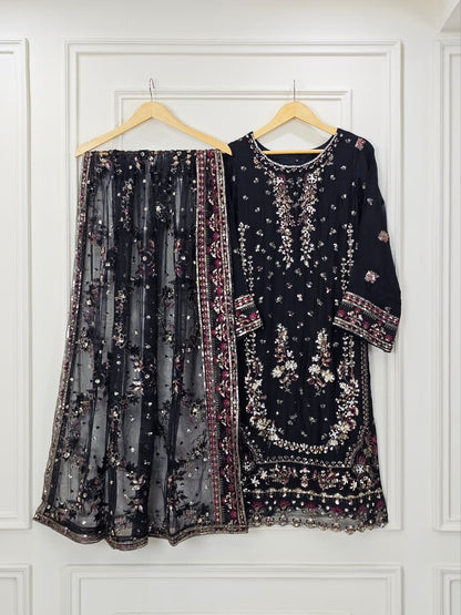 Black Luxury Embroidered Crinkle Chiffon 3-Piece Formal Suit
