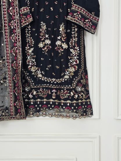 Black Luxury Embroidered Crinkle Chiffon 3-Piece Formal Suit