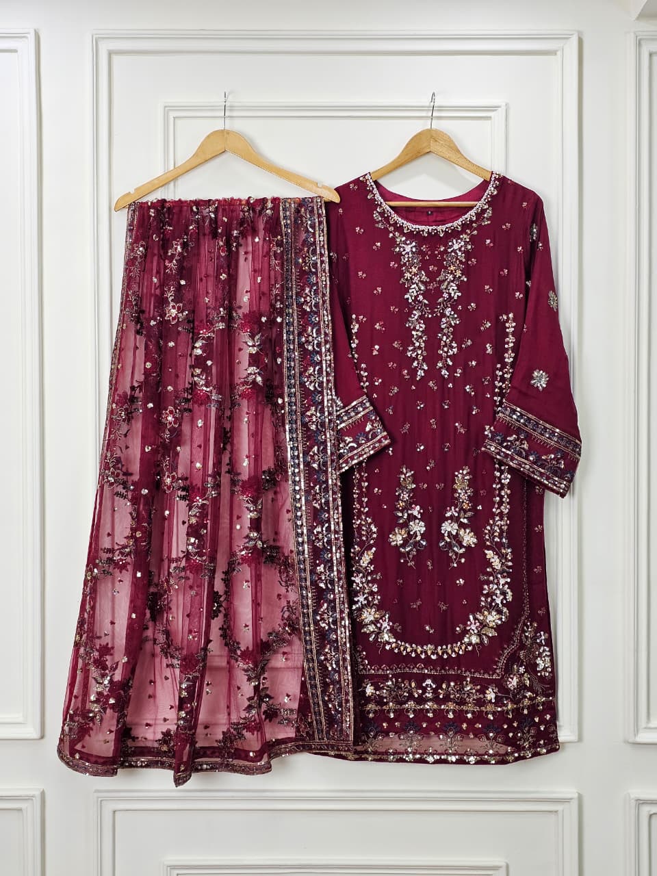 Maroon Luxury Embroidered Crinkle Chiffon 3-Piece Formal Suit