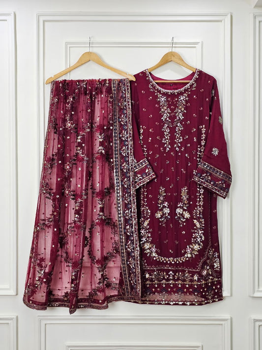 Maroon Luxury Embroidered Crinkle Chiffon 3-Piece Formal Suit