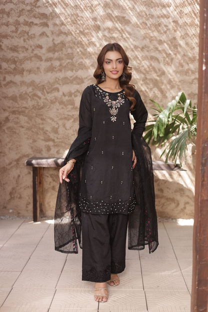 FATIMA NEHAL black premium silk embroided 3 peice luxury suit