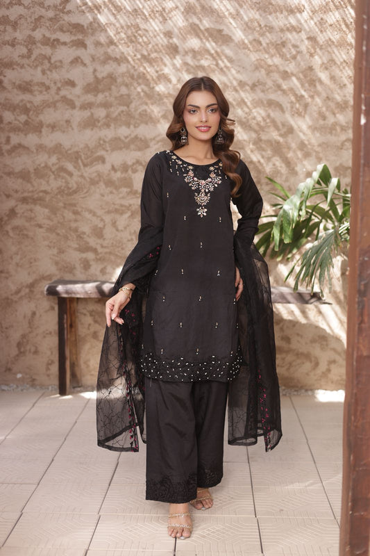 FATIMA NEHAL black premium silk embroided 3 peice luxury suit