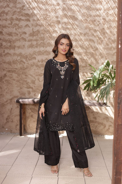 FATIMA NEHAL black premium silk embroided 3 peice luxury suit