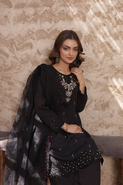 FATIMA NEHAL black premium silk embroided 3 peice luxury suit