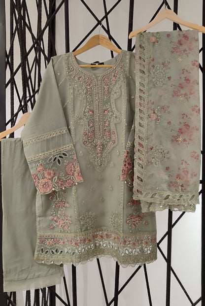 Sadabahar Organza 3-Piece Festive Formal Suit - Luxury Embroidered Elegance