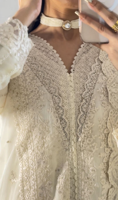 Pearl Ivory Chiffon 3-Piece Suite – Heavily Embroidered with Raw Silk Plazo