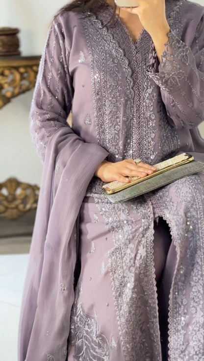 Lavender Luxe: 3-Piece Heavily Embroidered Chiffon Suit