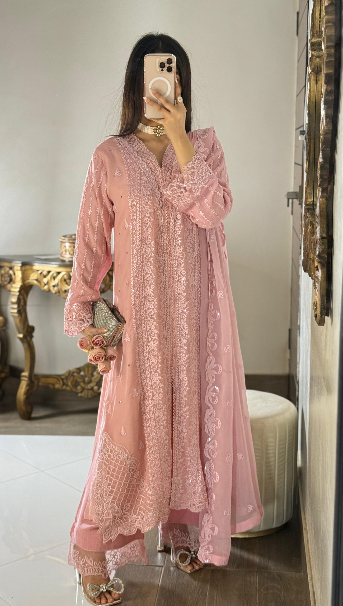 Soft Rose Embroidered Chiffon 3-Piece Suite