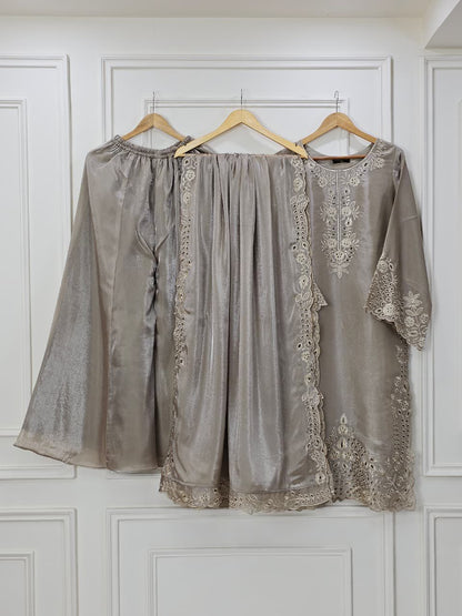 Champagne Grey Sheesha Silk Luxury - Embroidered Pret Suit