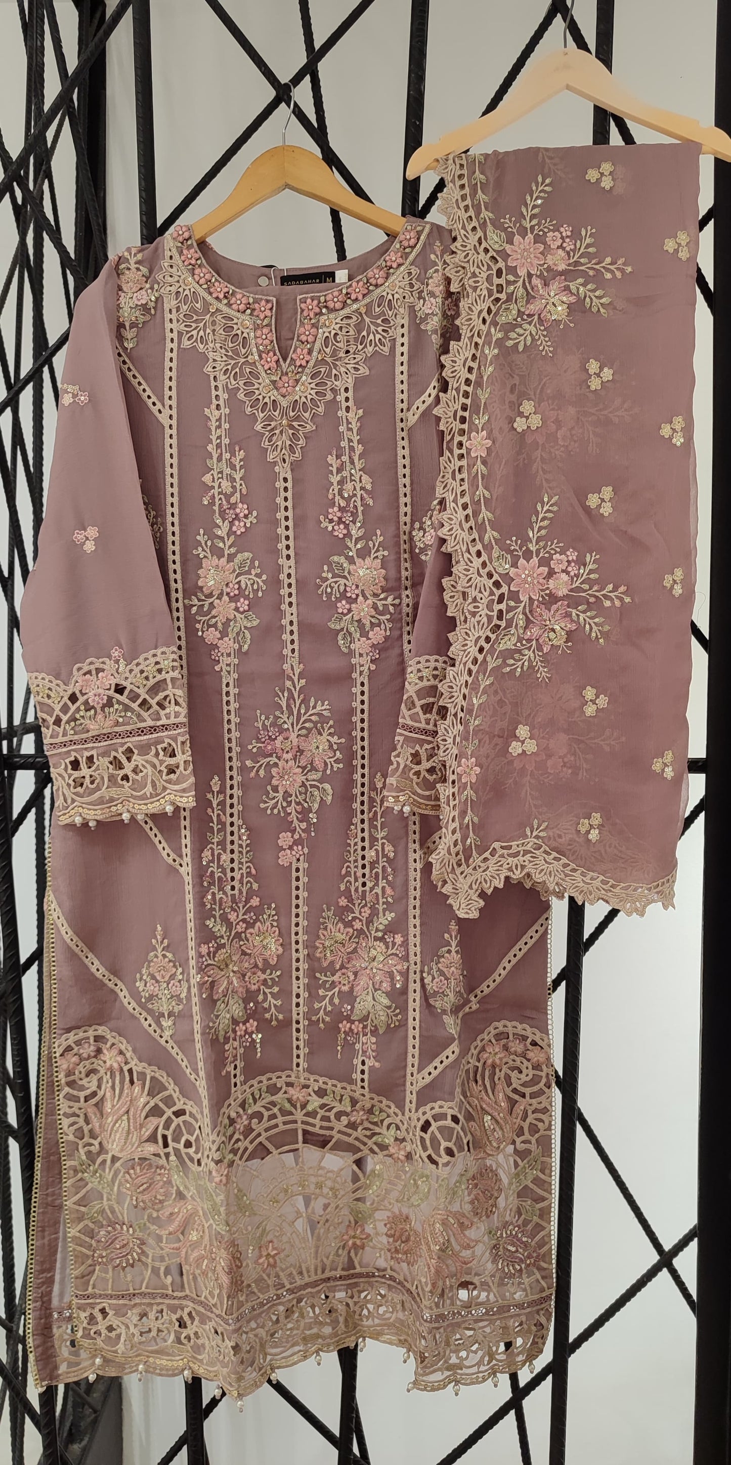 Sadabahar Mauve Floral Embroidered Chiffon Dress Set