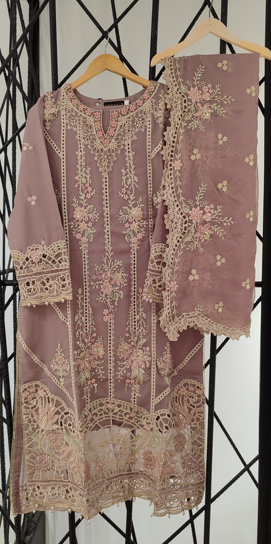 Sadabahar Mauve Floral Embroidered Chiffon Dress Set