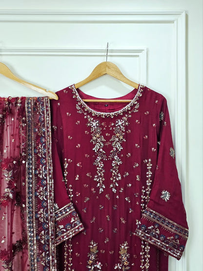 Maroon Luxury Embroidered Crinkle Chiffon 3-Piece Formal Suit