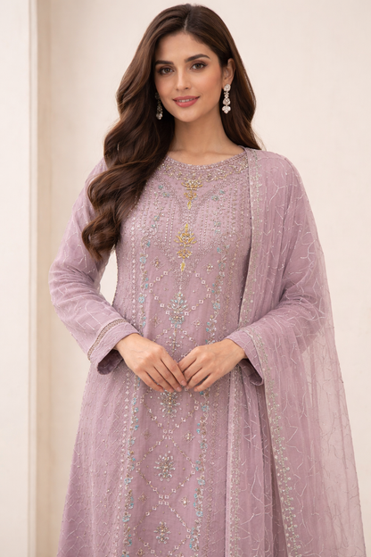 Dusty Lilac Elegance – Chiffon Embroidered 2-Piece Suit