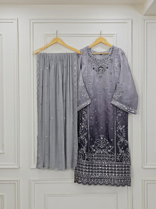 Grey Double Tone Sheesha Silk Luxury Pret 3-Piece Suit