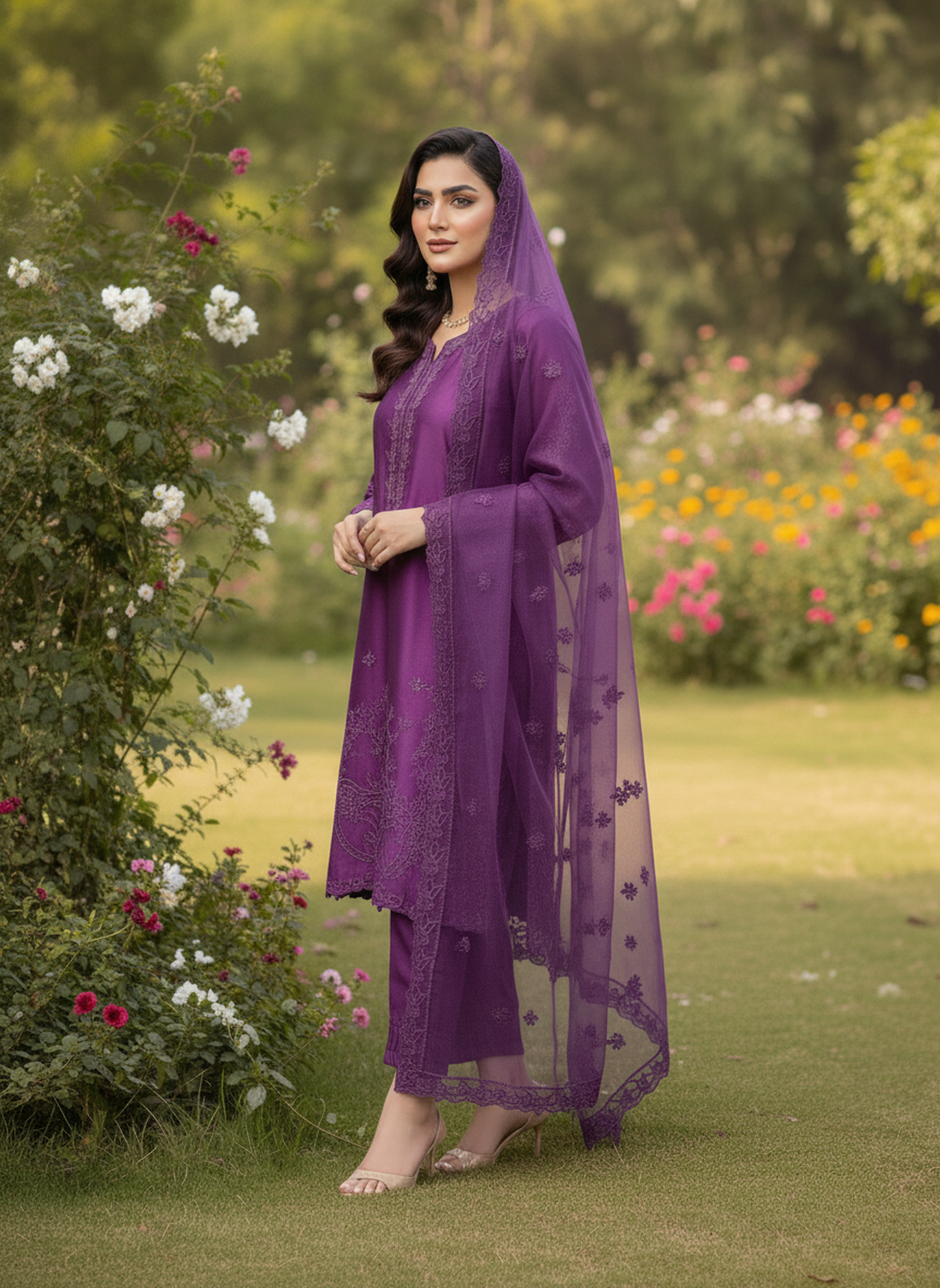 Luxury Purple Silk Embroidered 2-Piece Suit