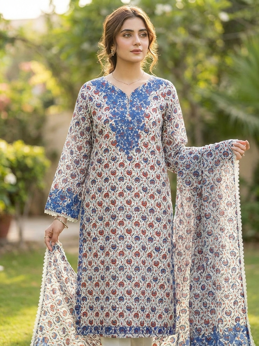Agha Noor Royal Blue & Crimson Floral Embroidered 2-Piece Lawn Suit