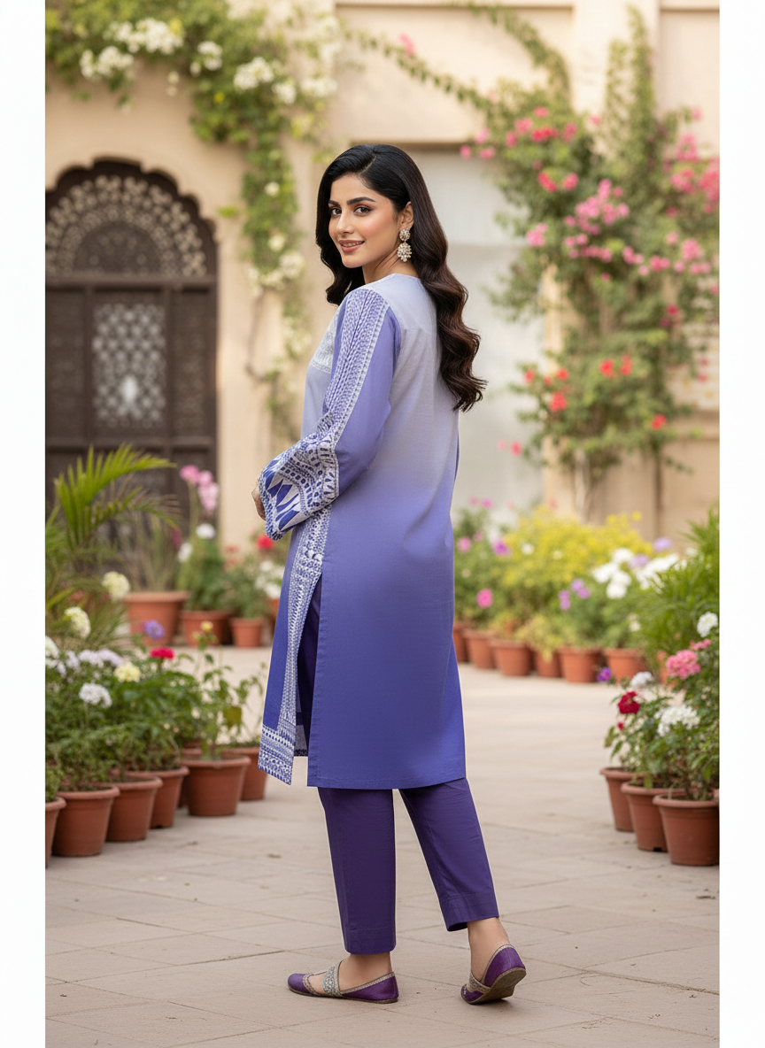 Agha Noor | Serene Violet Ombré Printed Lawn Shirt