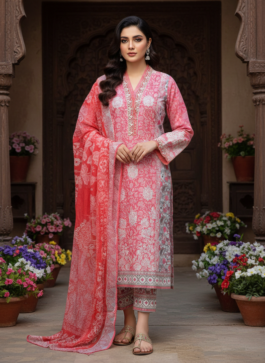 Agha Noor Pink Floral 2-Piece Printed Lawn Suit