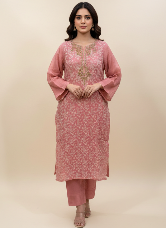 Agha Noor | Pink Cotton Net Embroidered 2-Piece Suit