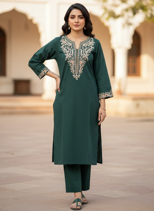 Agha Noor | Emerald Elegance Embroidered Cotton 2 piece suit