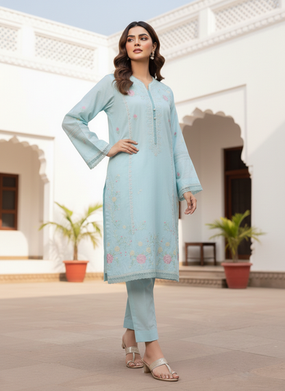 Agha Noor - Azure Blossom Embroidered Lawn Shirt