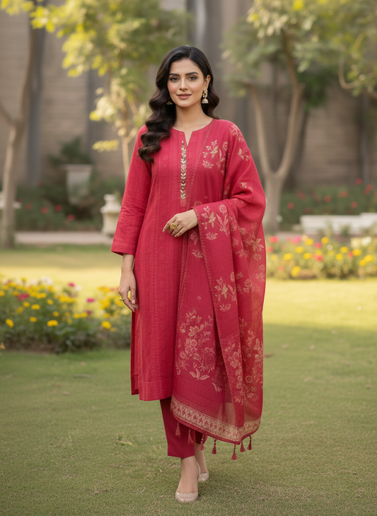 Agha Noor Cherry Red 2-Piece Printed lawn Suit
