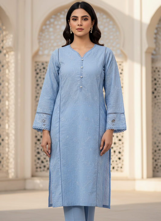 Agha Noor 2-Piece Embroidered Cotton Suit – Ice Blue