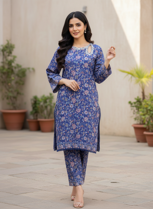 Agha Noor 2-Piece Printed cotton silk luxury– Midnight Azure