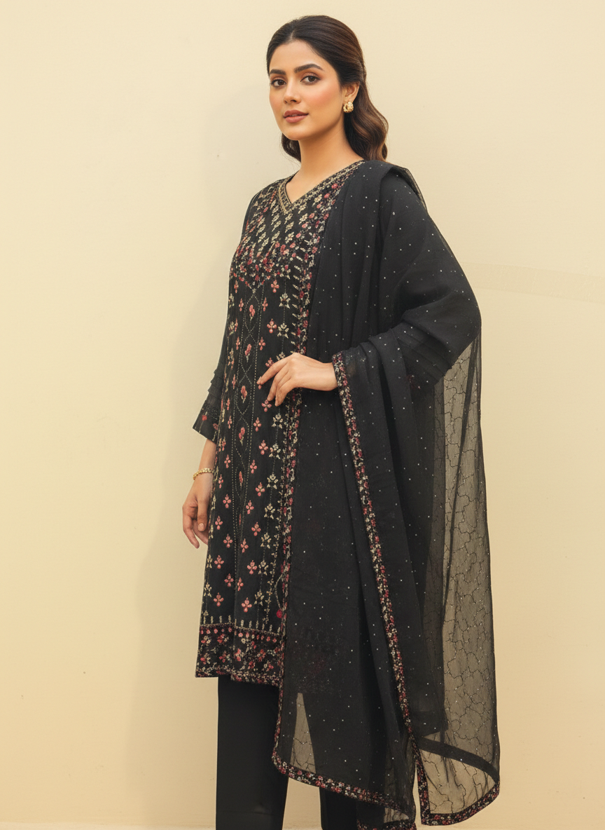 Intricately Embroidered 2-Pc Chiffon Ensemble