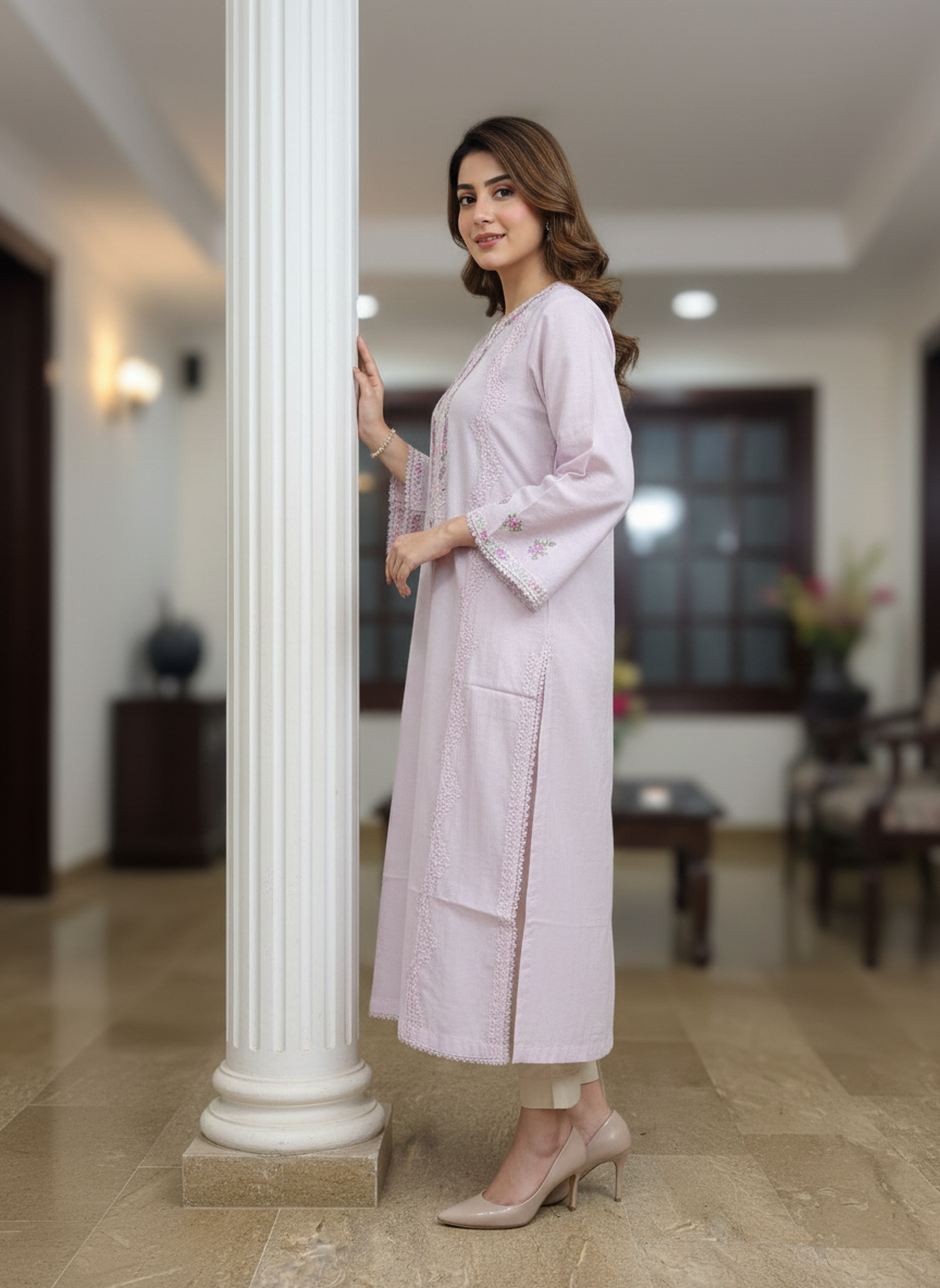 Agha Noor: Lilac Dream lawn Embroidered Shirt