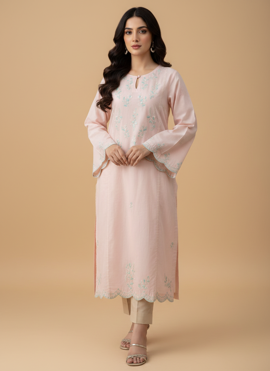 Agha Noor Rose Pink Cotton Embroidered Shirt