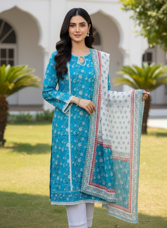 Agha Noor Mint Blue & White Floral 2-Piece Lawn Suit