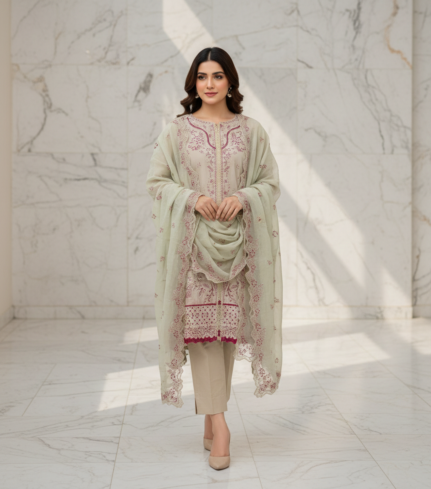 Agha Noor 3-Piece Embroidered Cotton Suit