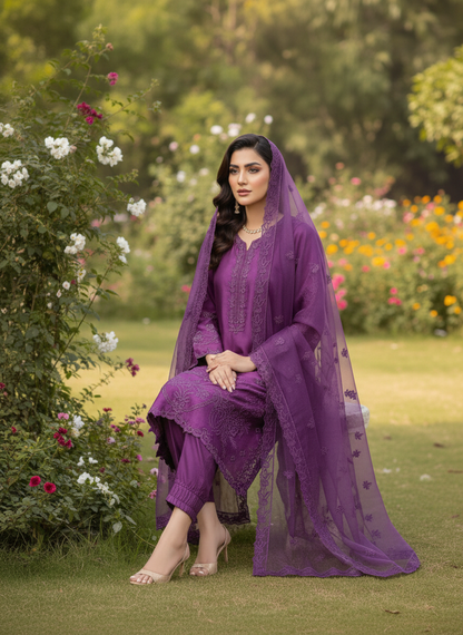 Luxury Purple Silk Embroidered 2-Piece Suit