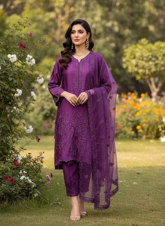 Luxury Purple Silk Embroidered 2-Piece Suit