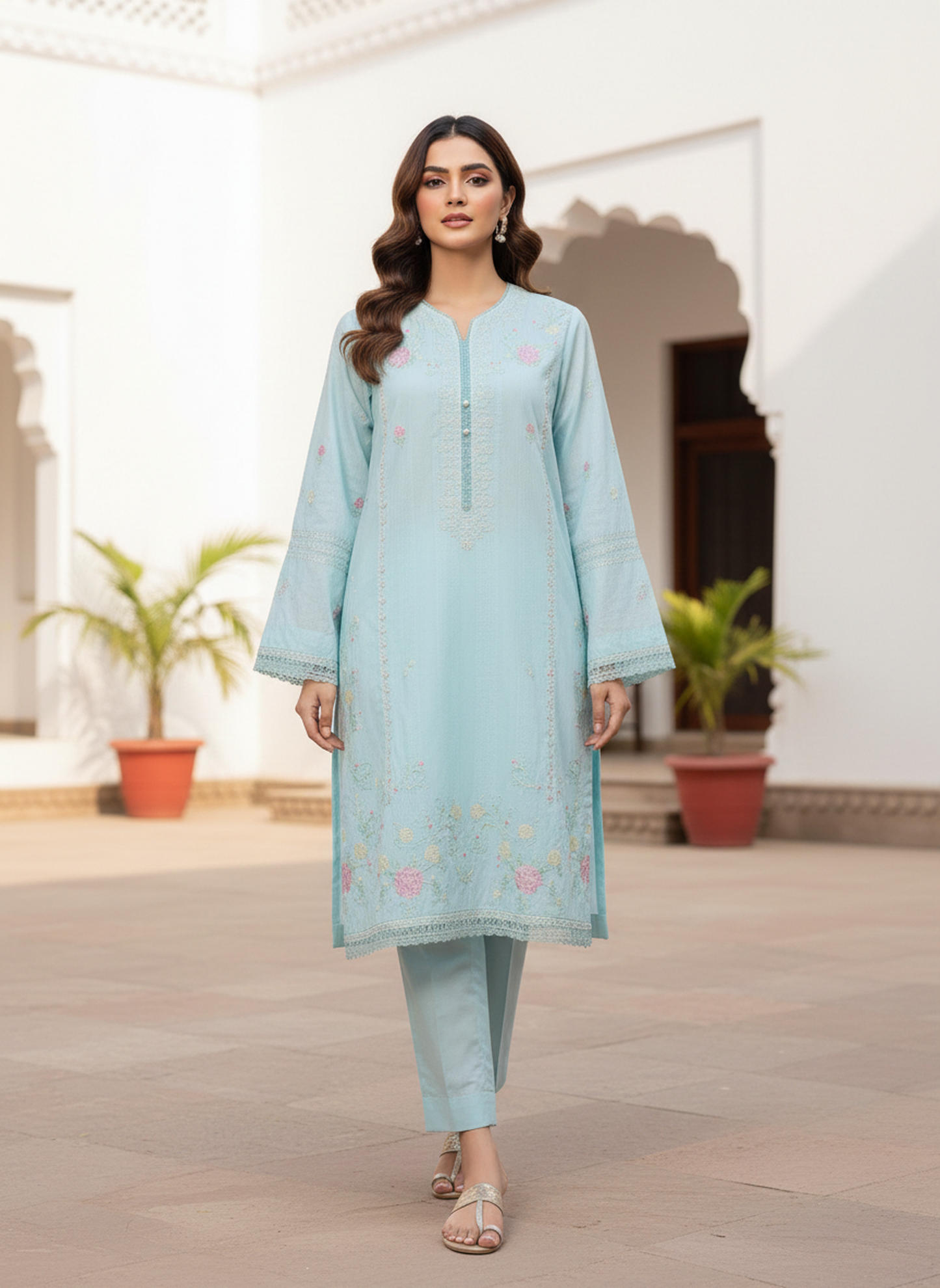 Agha Noor - Azure Blossom Embroidered Lawn Shirt