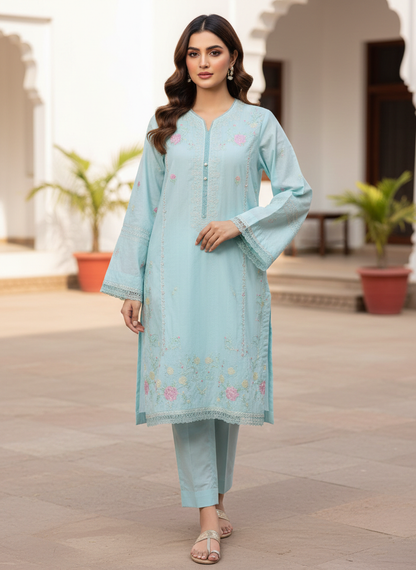 Agha Noor - Azure Blossom Embroidered Lawn Shirt